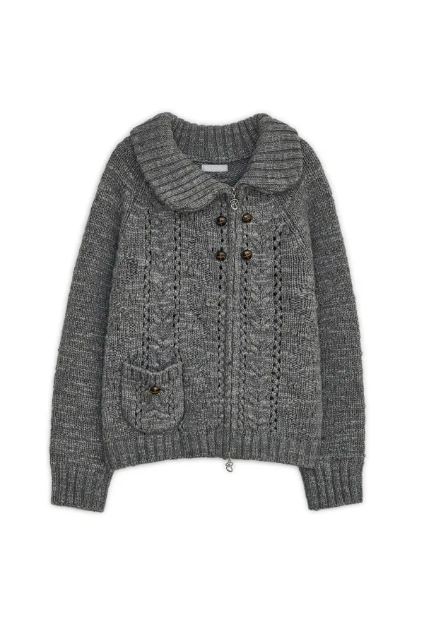 Oblique collar knit zip-up (Gray)