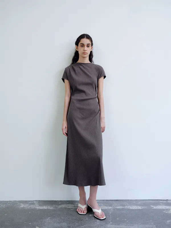 TIR ASYMMETRIC RIBBED COTTON DRESS_BROWN