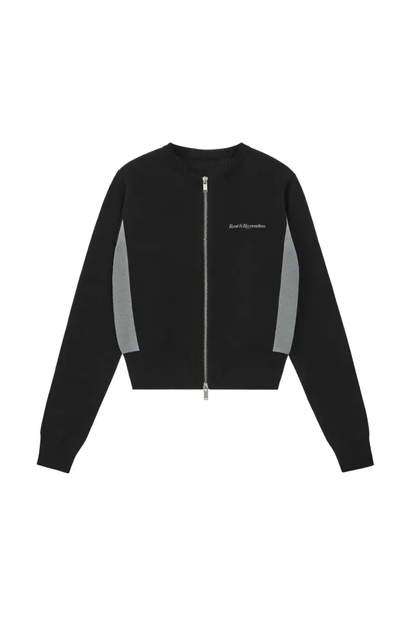 ROUND NECK KNIT ZIP-UP - BLACK
