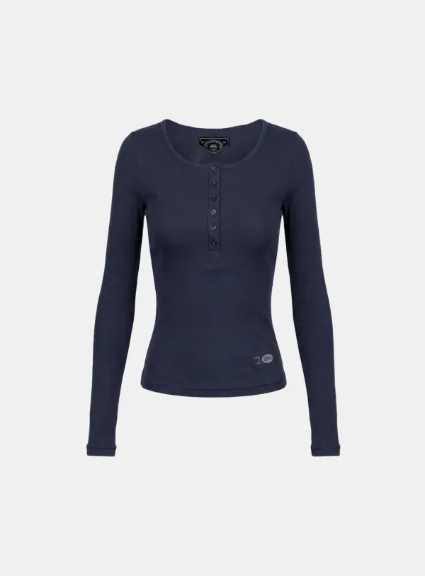 [w-tee26-040] BS Cotton Jersey Fitted Henley Neck Long Sleeve T-Shirt - Navy