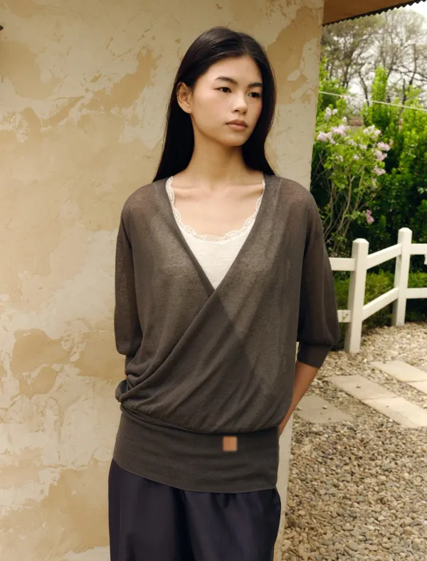 SHEER WRAP KNIT TOP [CHARCOAL]