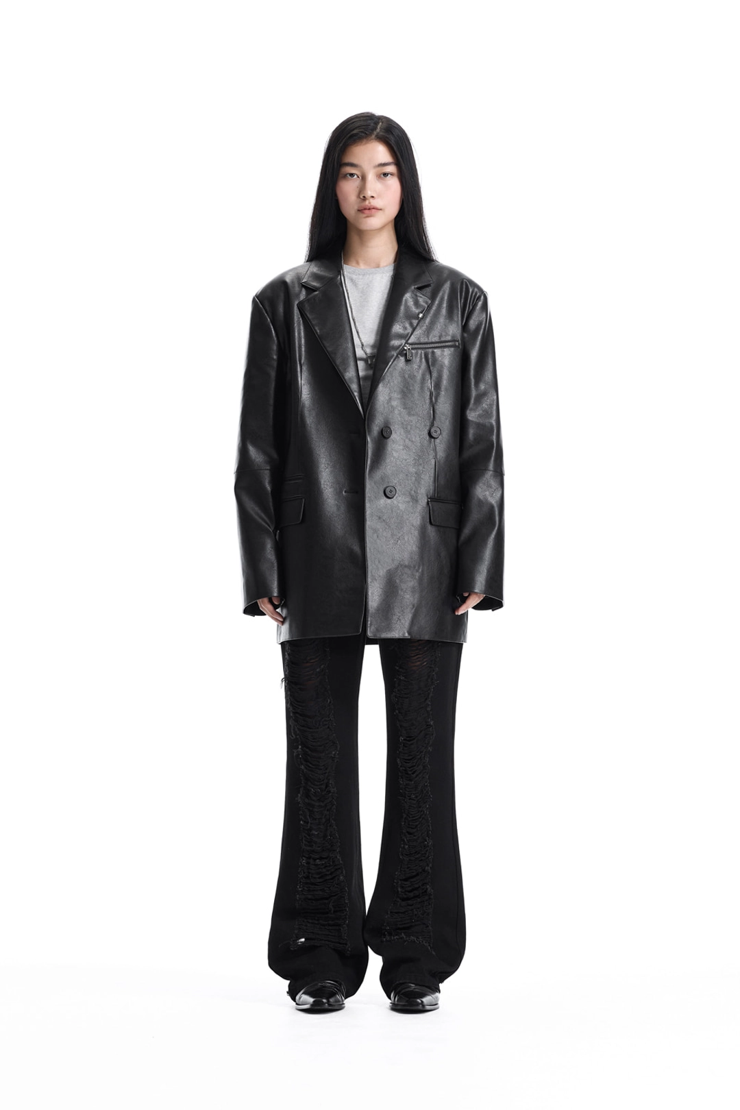 트리밍버드 Metal-Ring Oversized Leather Jacket [ Black ] 상품 이미지 2