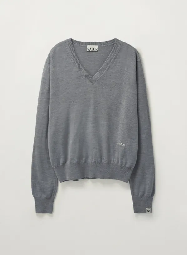 (W) V-Neck Fine Wool Knit - Melange Gray