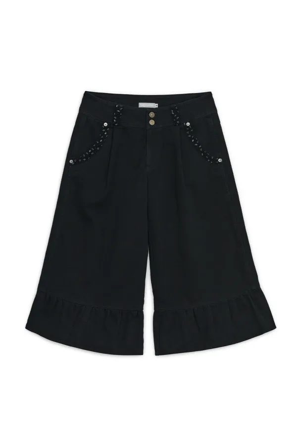 Washed ruffle capri pants (Black)