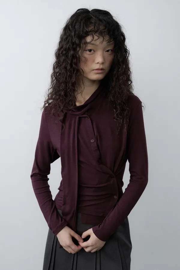 Scarf Wrap Button Cardigan (Purple)