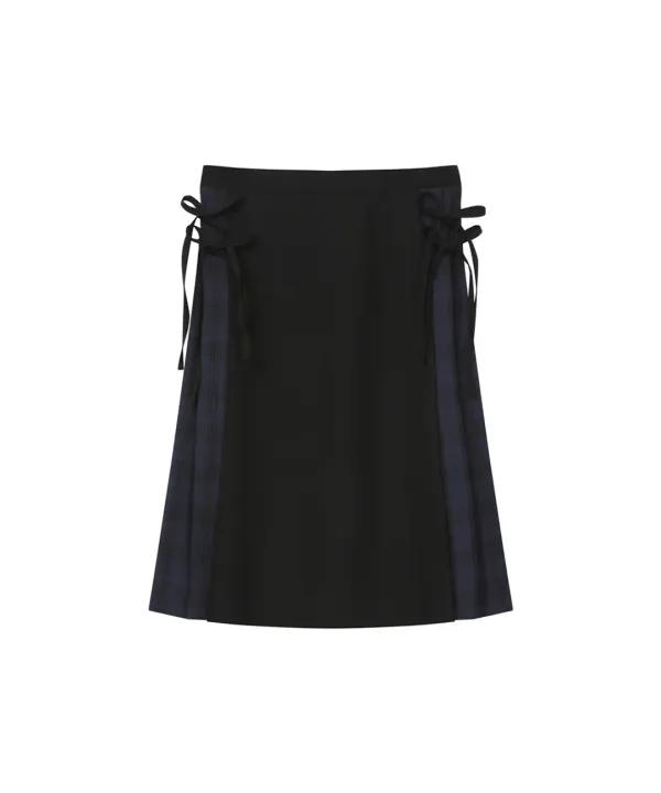 Side bow pleats midi skirt BLACK