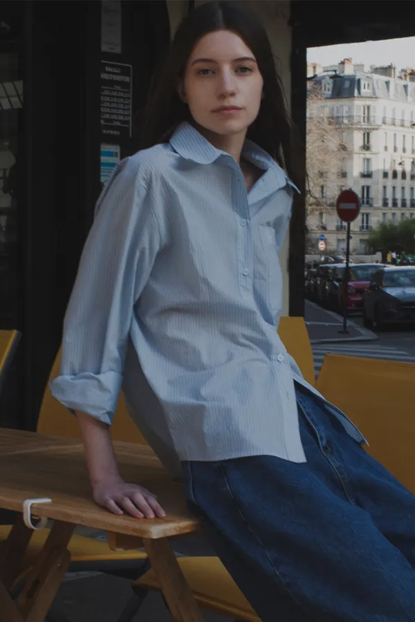 EMBROIDERED STRIPE POCKET SHIRT SKY BLUE