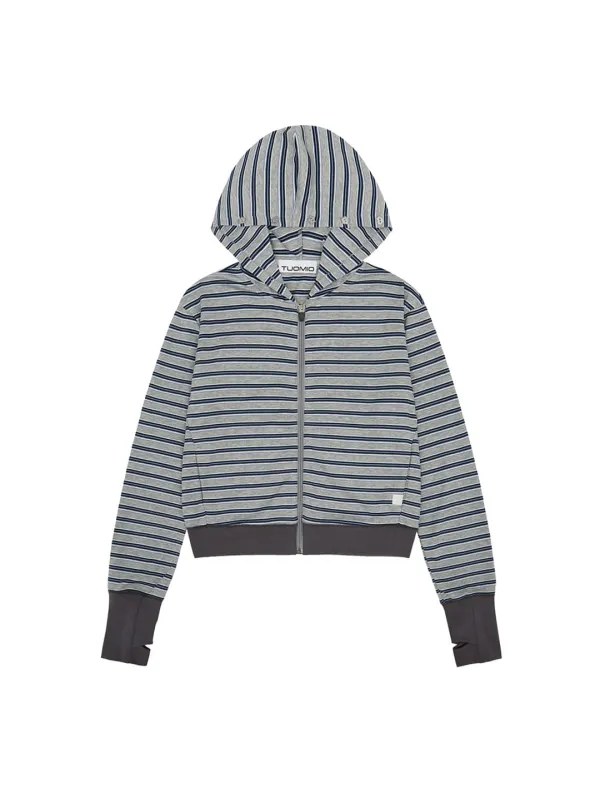 BUTTON STRIPE HOOD ZIP-UP [HEATHER GREY]