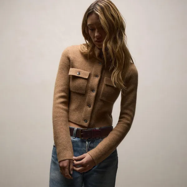 Wool Alpaca Funnel Neck Cardigan Jacket - Camel