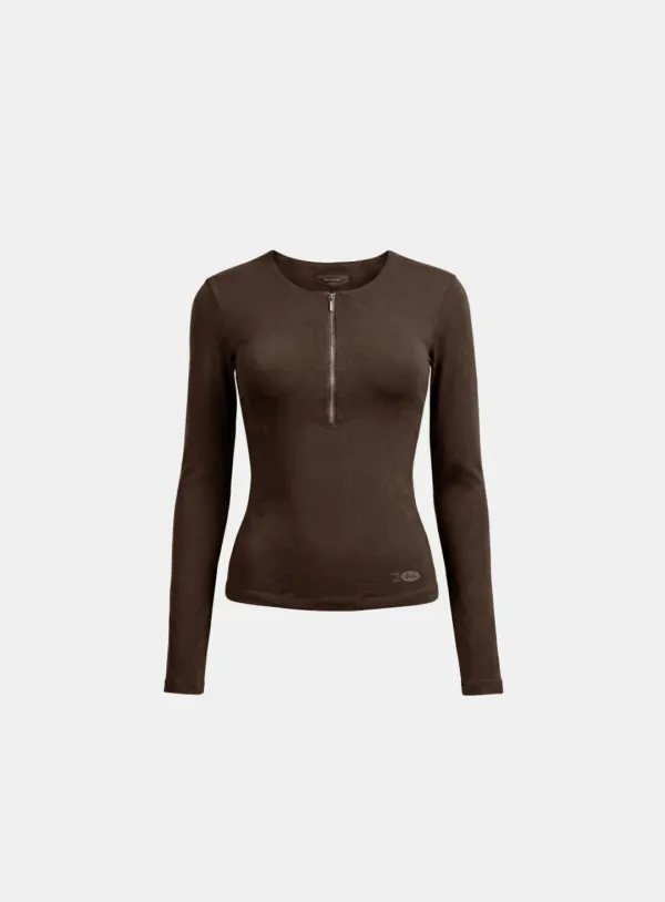 [w-tee26-074] Everyday Zip Henley Long Sleeve T-Shirt - Brown