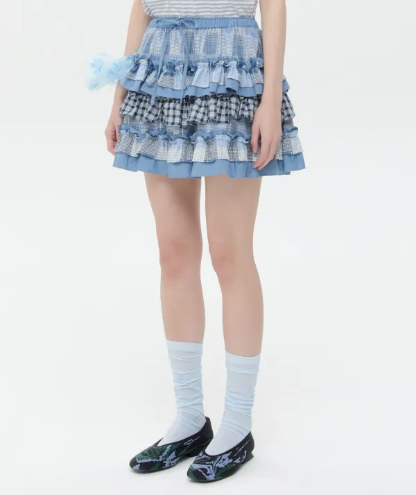 Mixed Fabric Tiered Skirt [Blue]