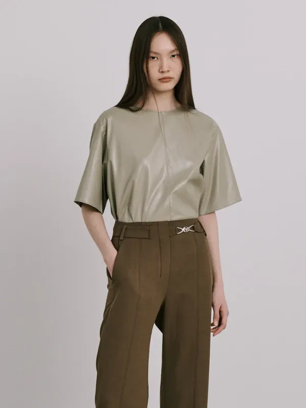 Fake Leather Top_Khaki