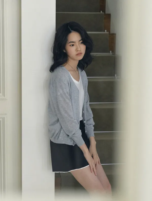 사이드 버튼 시스루 브이넥 가디건 - 그레이