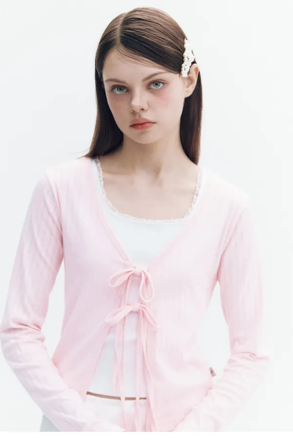 Double Ribbon Punching Cardigan Pink