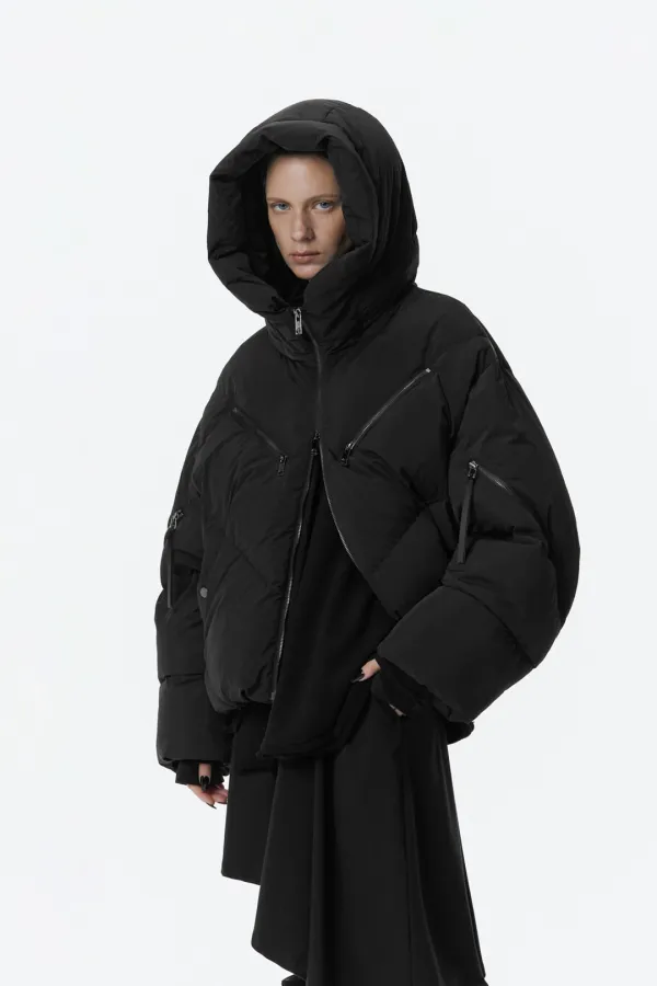 High Neck Hooded Duck Down Padding [ Black ]