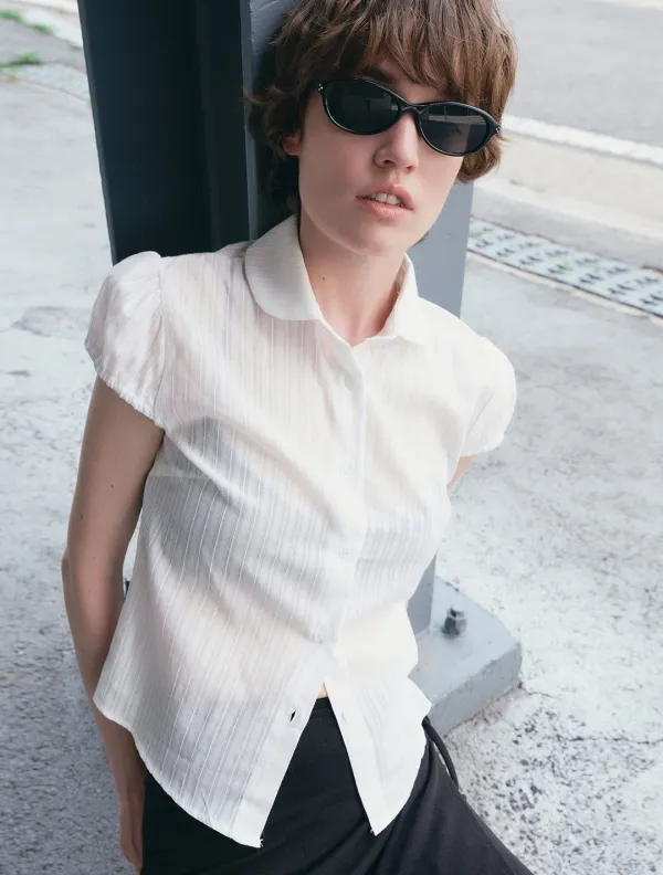 Sheer puff round collar blouse_Ivory