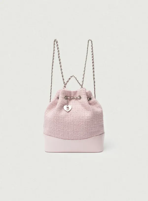 Tweed Drawstring Chain Backpack_Pink