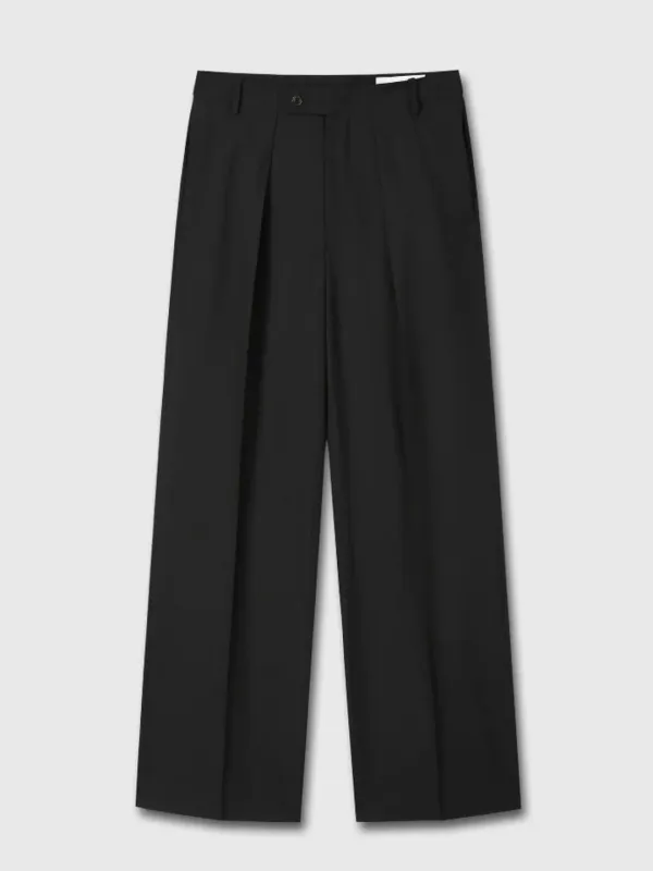 LIGHT WOOL PLEATED WIDE TROUSERS_ BLACK