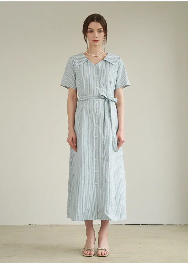  [44-120]  Bubbly Stripe Open Collar Long Dress  버블리 스트라이프 오픈 카라 롱 드레스 (여름-데일리룩-출근룩-하객룩-격식룩-클래식룩-페미닌룩-라이프-오픈카라-링클-리본-빅사이즈-자체제작) 