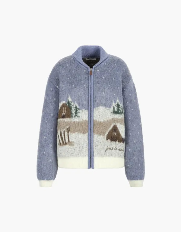 ski resort graphic knit zip up - smoke blue
