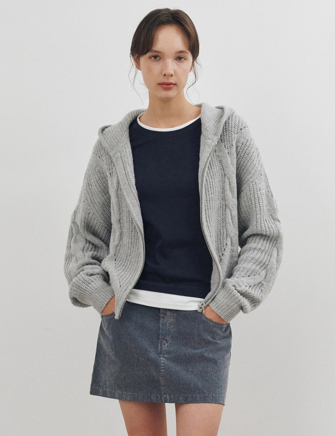 몽돌 케이블 후드 알파카 니트 집업 가디건 그레이 MDCD051GRAY 상품 이미지 1
