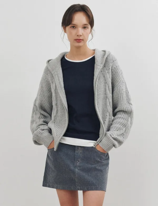 케이블 후드 알파카 니트 집업 가디건 그레이 MDCD051GRAY