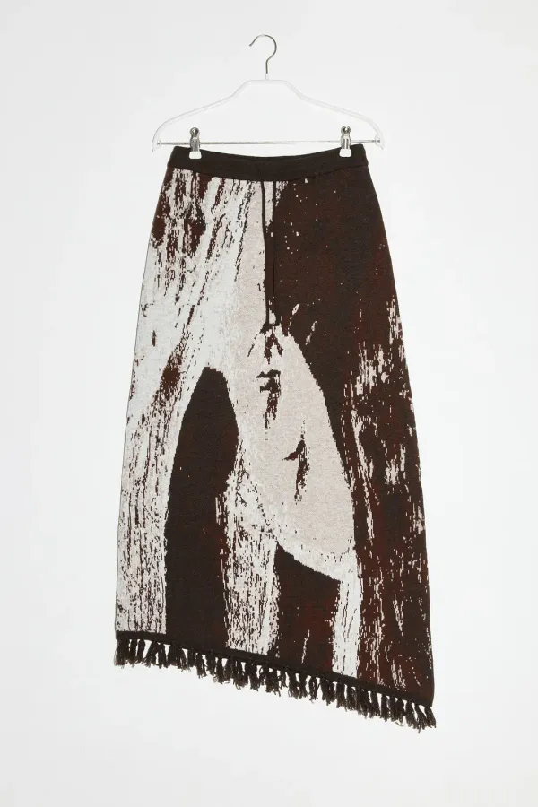 ASYMMETRY FRINGE CASHMERE SKIRT - BROWN