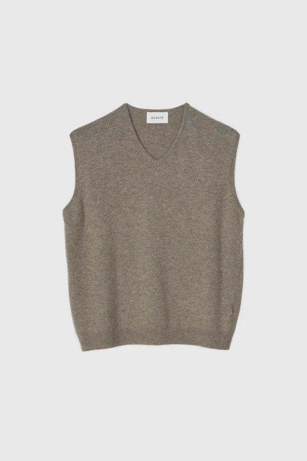 Wool V-Neck Kint Vest (Melange Brown)