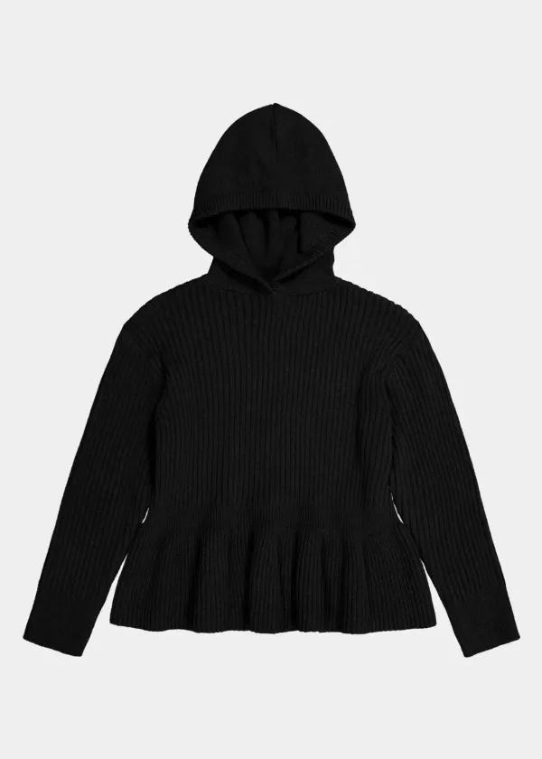 FLARE WAIST WOOL HOODED KNIT - BLACK