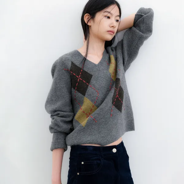 (T-7305)ARGYLE WOOL STITCH POINT V-NECK KNIT