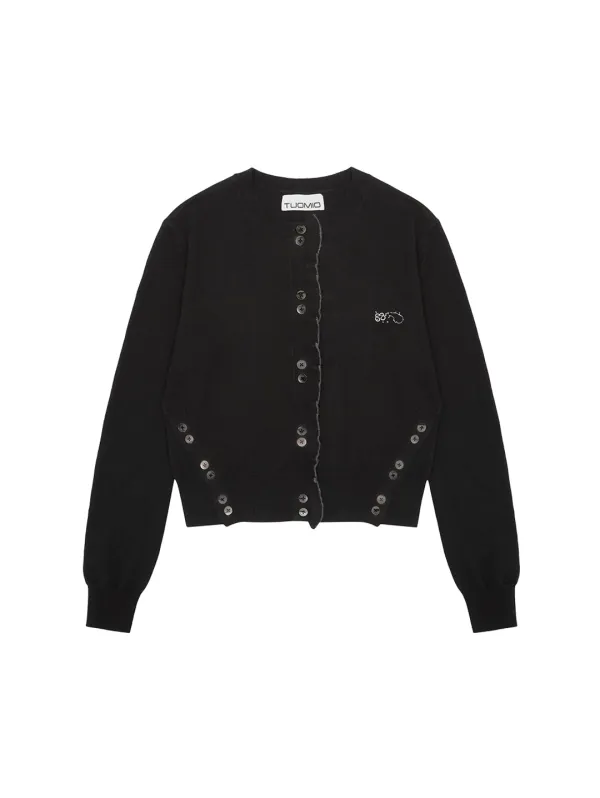 SIDE BUTTON RUFFLE CARDIGAN [BLACK]