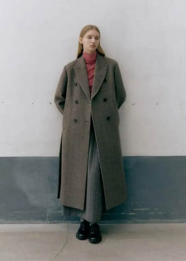 BELTED PEAKED DOUBLE COAT (brown herringbone)