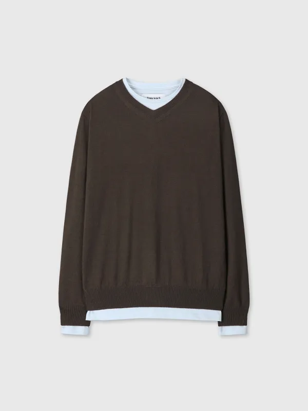 (W) SUPERFINE WOOL LAYERED V-NECK KNIT SWEATER_ BROWN/BABY BLUE