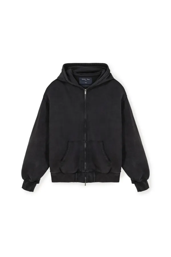 BACK LOGO WASHED HOODY ZIP UP FOR MEN IN CHARCOAL