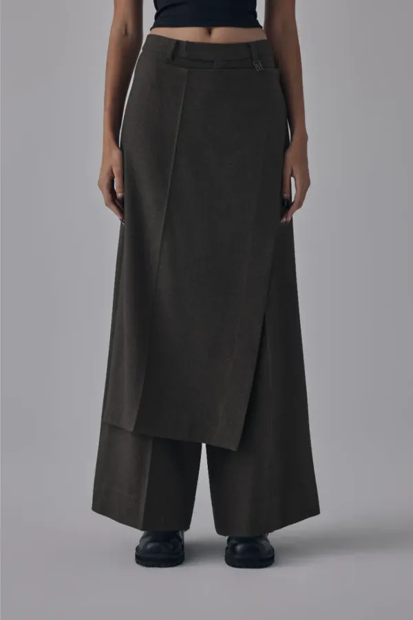 Side Buckle Wrap Skirt Pants [ Brown ]