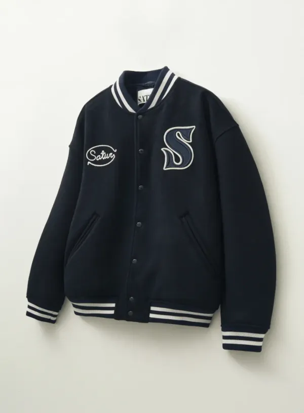 S Applique Wool Varsity Jacket - Navy