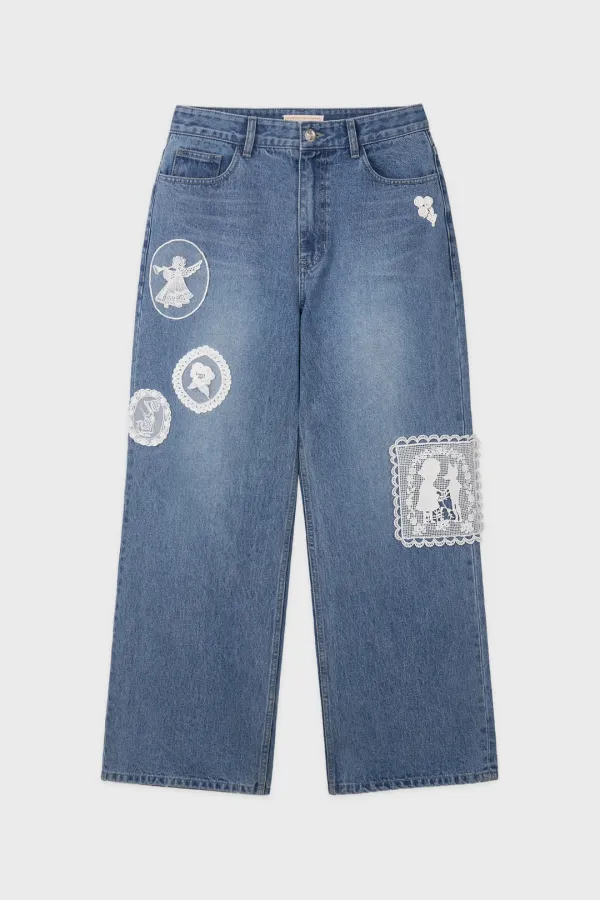 SN Lace Patchwork Denim Pants (Blue)