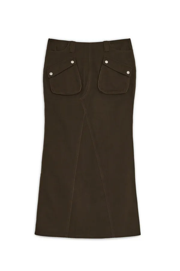 DOUBLE POCKET COTTON MAXI SKIRT, BROWN