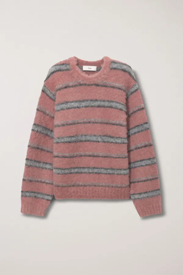 UNISEX STRIPED HAIRY SWEATER SOFT PINK BROWN