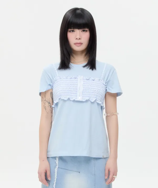 Buttoned Smocked Strap Top [Blue]