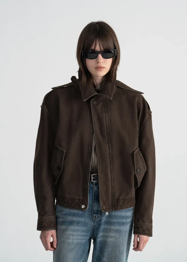 TWILL PIGMENT AVIATOR JACKET - DARK BROWN