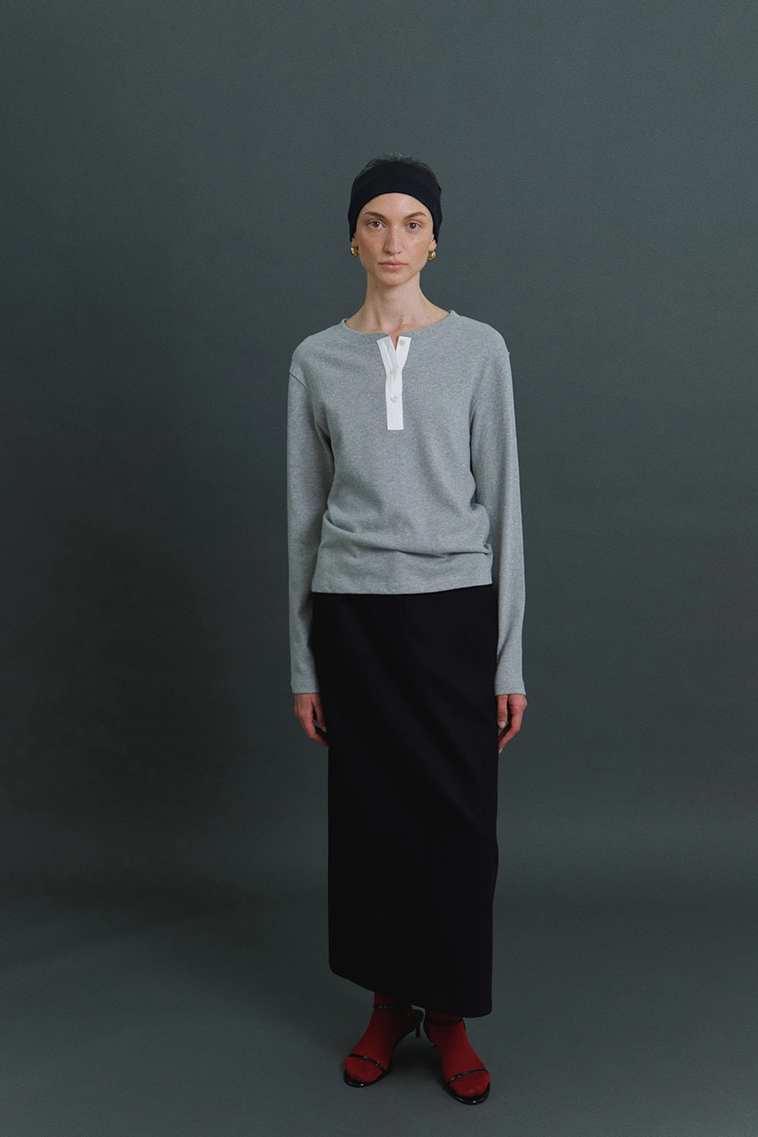 엘오61 [2ND] Jess Henley Neck Top in Melange Grey 상품 이미지 2
