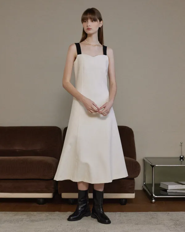 Strap coloring stitch long dress - ivory