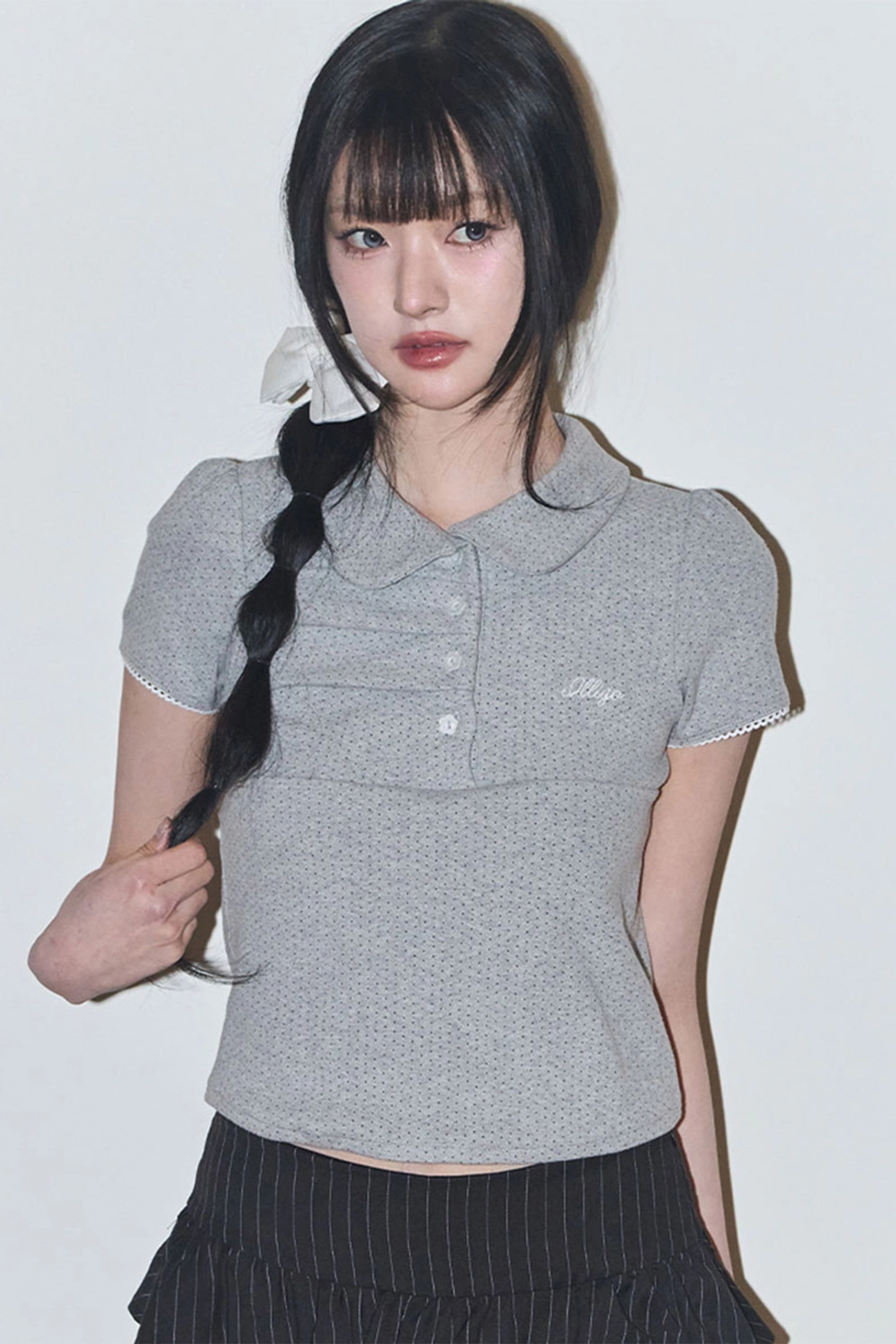 일리고 도트 핀턱 카라 티 멜란지 상품 이미지 1