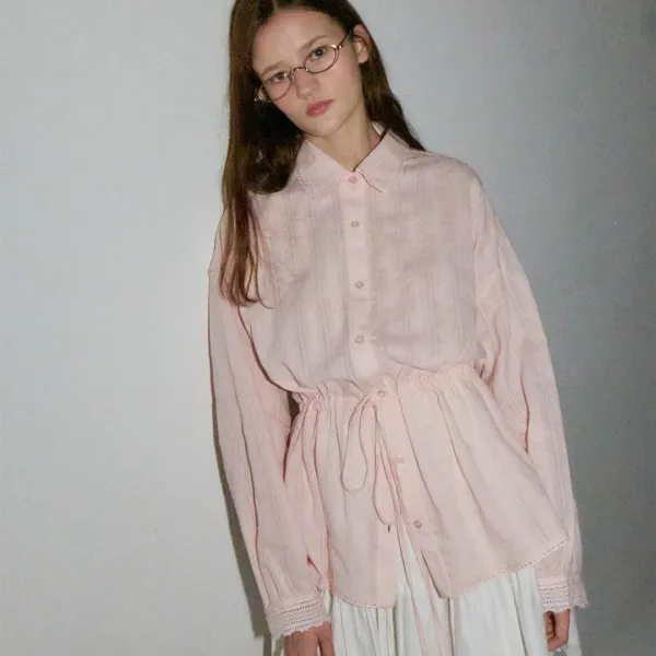 DRAWSTRING WAIST TORCHON LACE FRILL SHIRT SOFT PINK