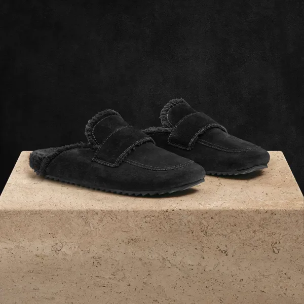 Women's Suede Shearling Loafer - Black/Black