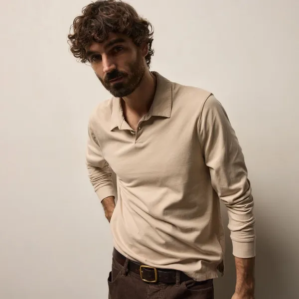 Heavy Luxe Jersey Long Sleeve Polo - Stone