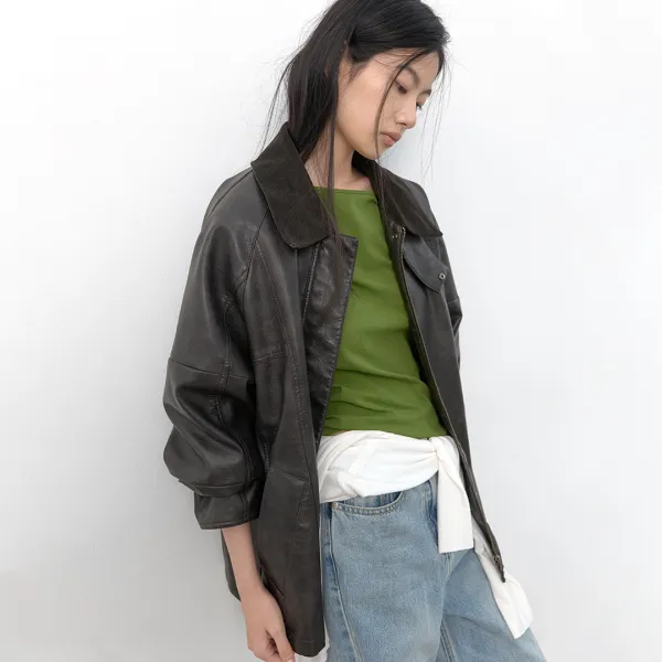(JP-612)CORDUROY COLLAR LEATHER HALF JUMPER
