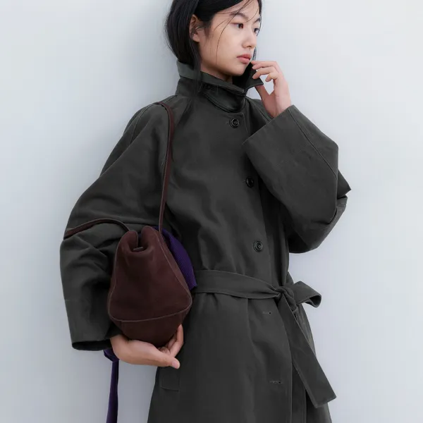 (CT-1487)LEATHER COLLAR BELTED COAT S