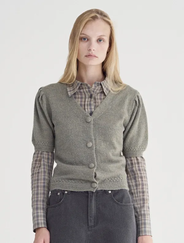 PUFF SLEEVE KNIT CARDIGAN [KHAKI]